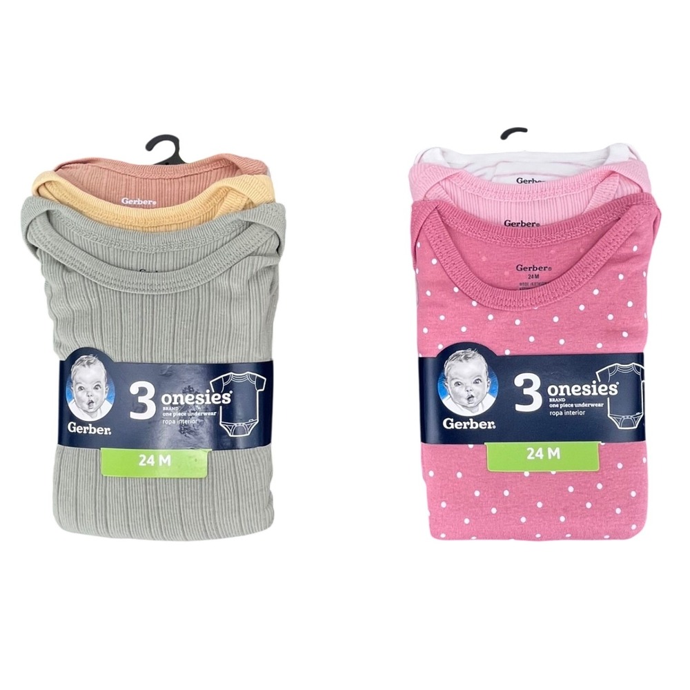 Gerber Onesies Bodysuits Baby 24M Pink Green Yellow Bundle Ribbed Polka Dot